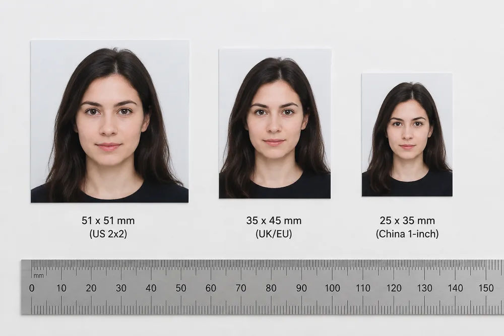 Passport and ID photo size comparison prints with a metric ruler