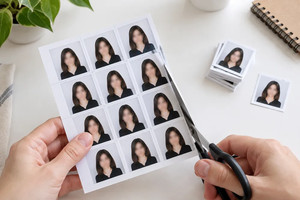 Cutting passport photos along guide lines on a 4x6 sheet