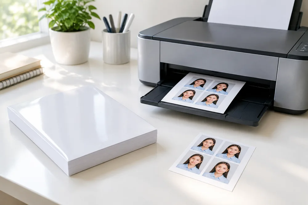 4x6 photo paper next to a home photo printer